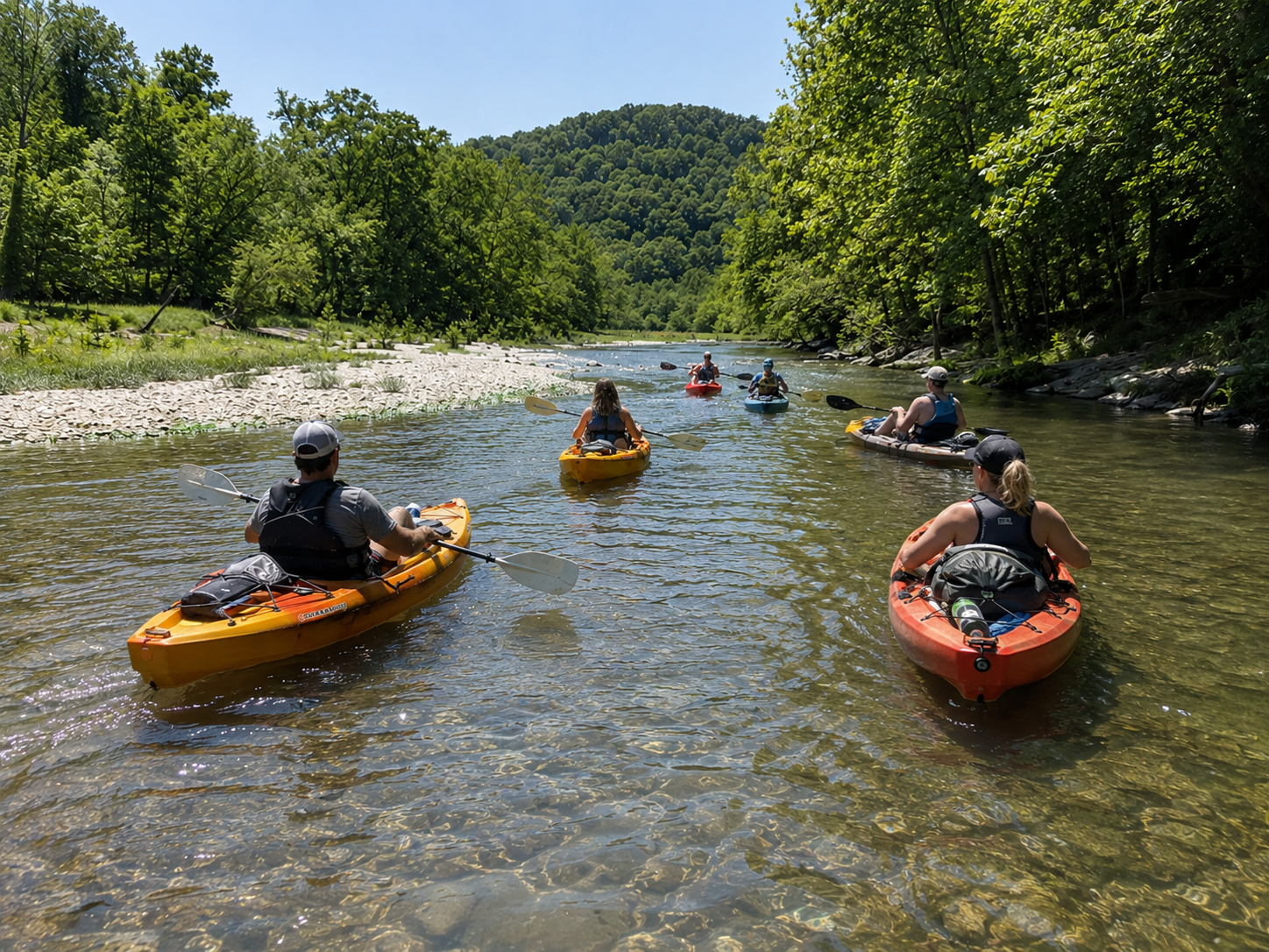 Kayaks on a gravel bar along Big Sugar Creek