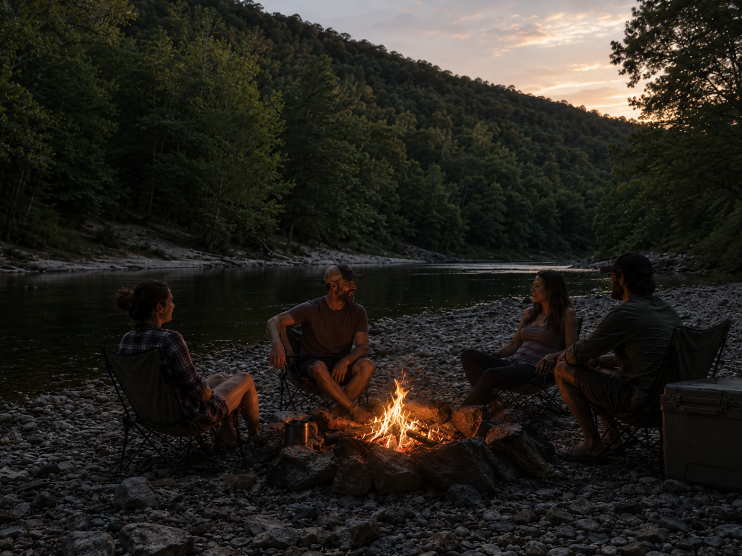 Friends gathered around a creekside campfire