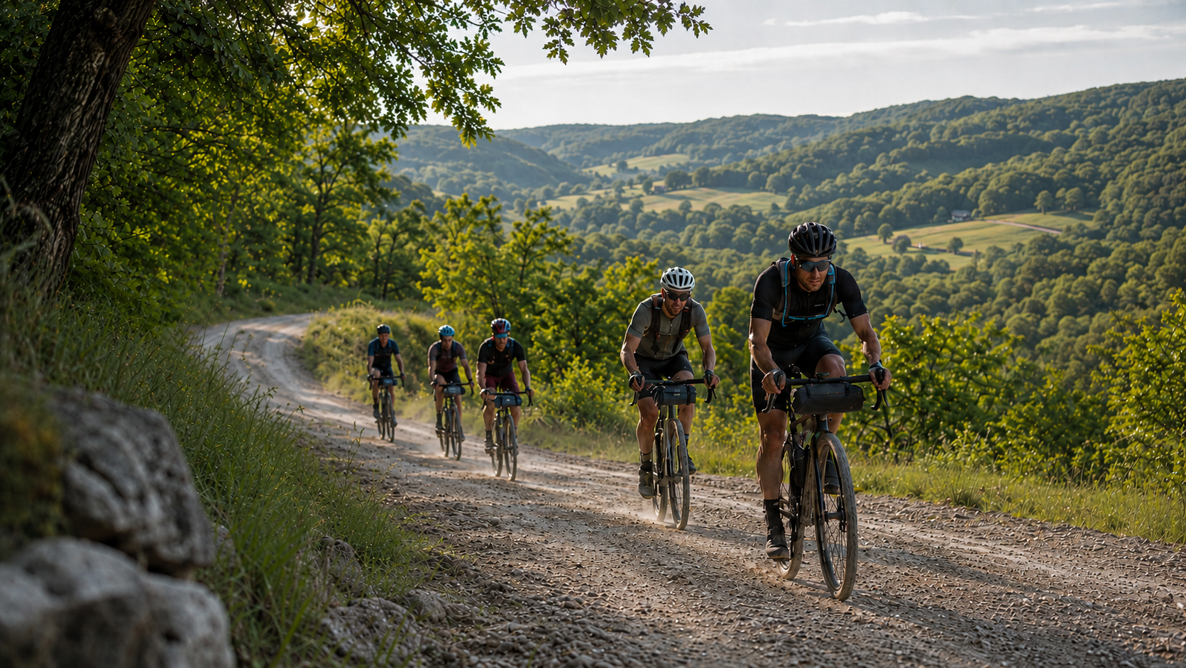 Gravel cyclists on a forest road