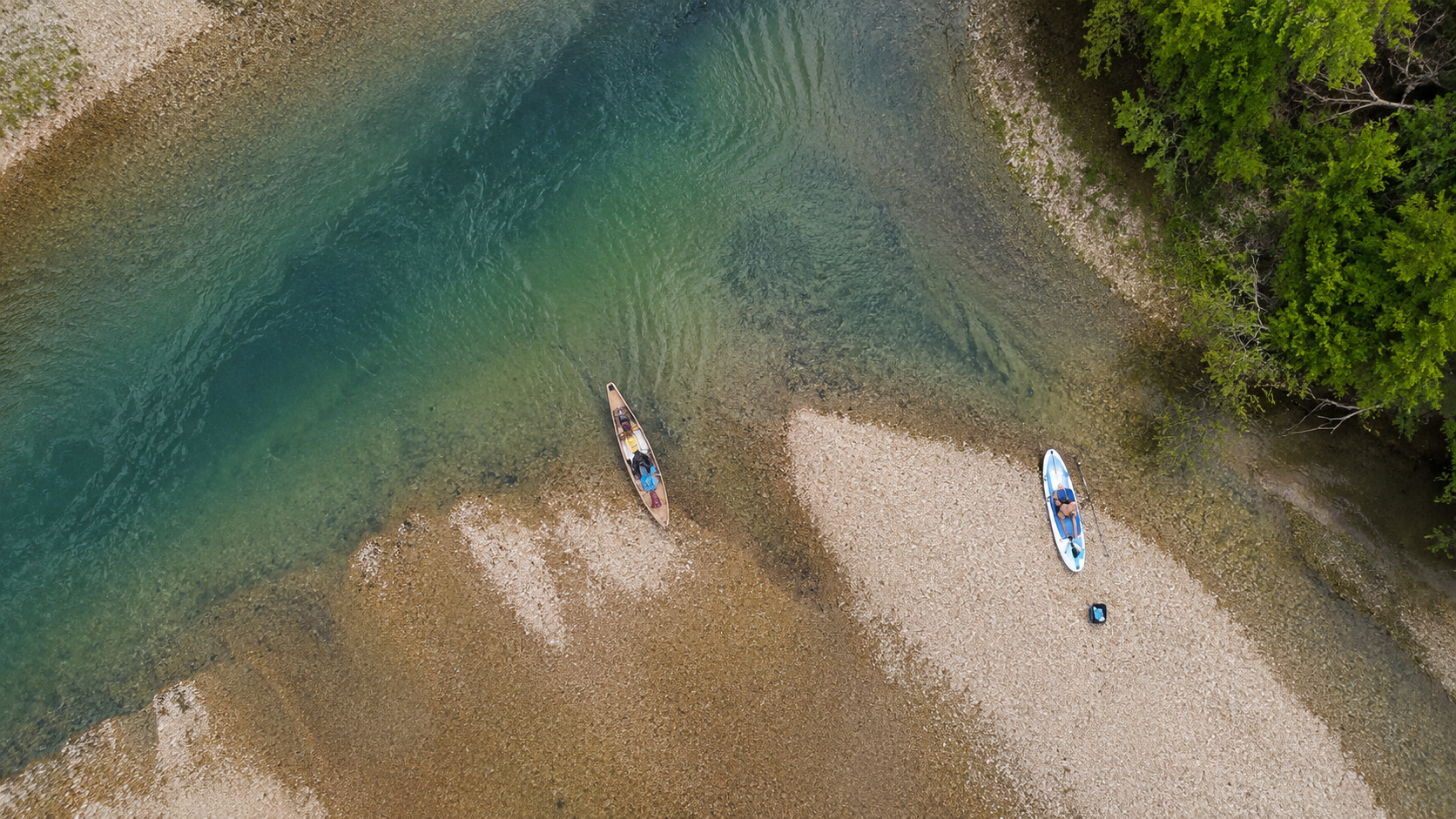 Aerial view of paddlers on the lake