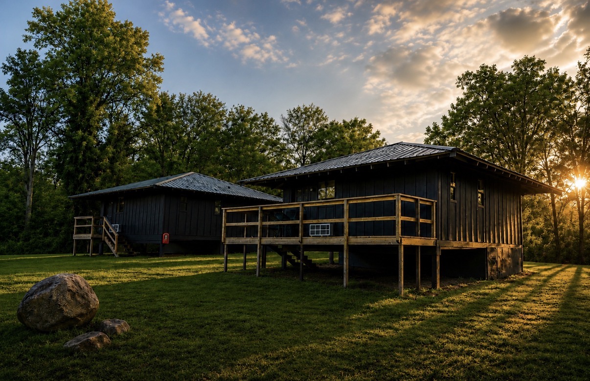 Olympic Village Cabins at golden hour, dark board-and-batten exterior with wide decks and wooded setting