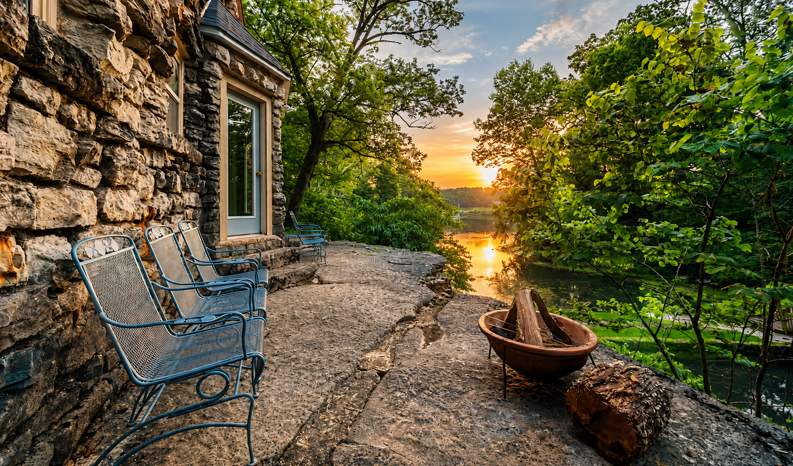 Stone patio chairs overlooking the spring-fed creek at sunset