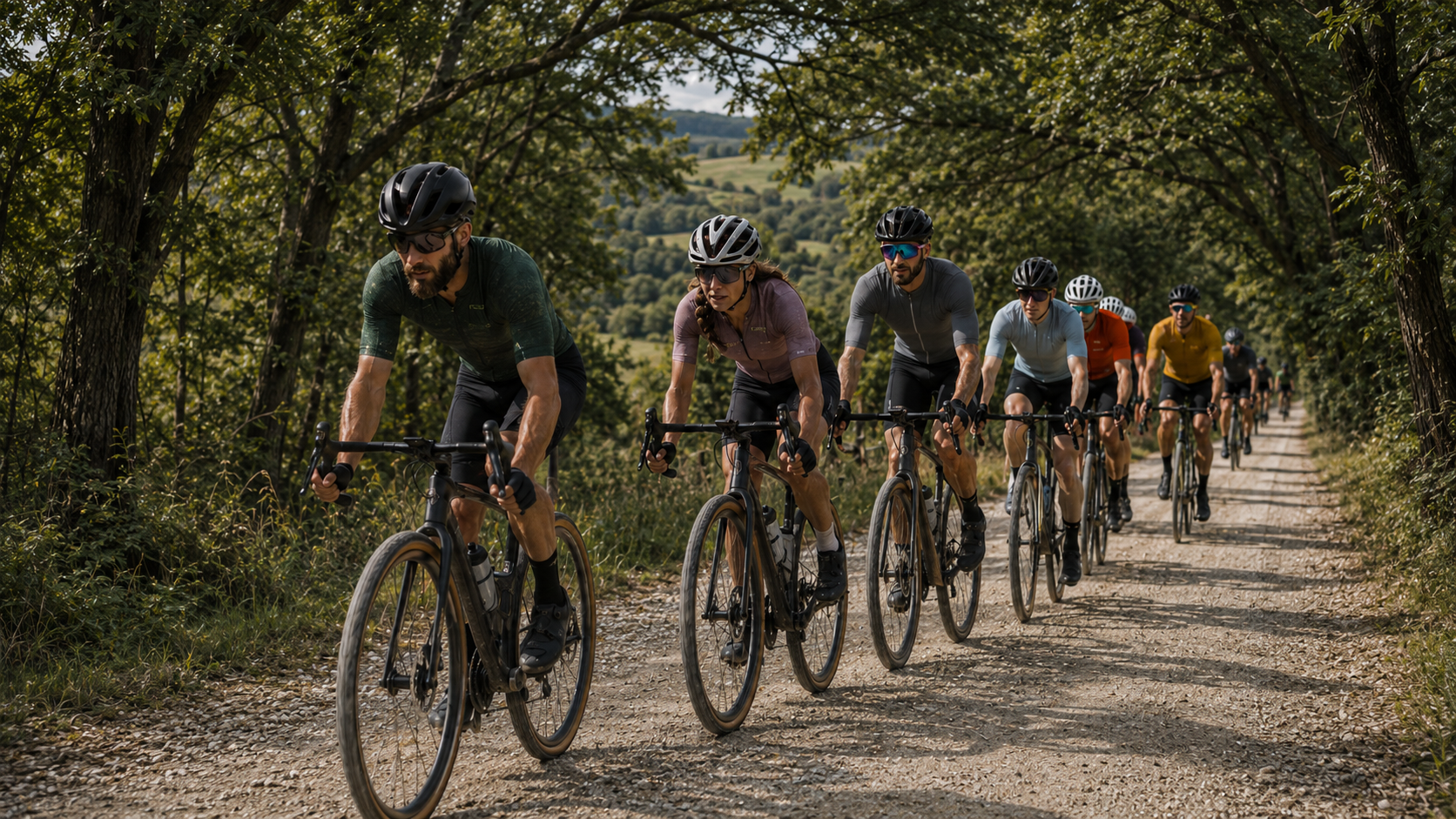 Line of gravel riders coming down a tree-lined gravel road, lead rider in green in the foreground