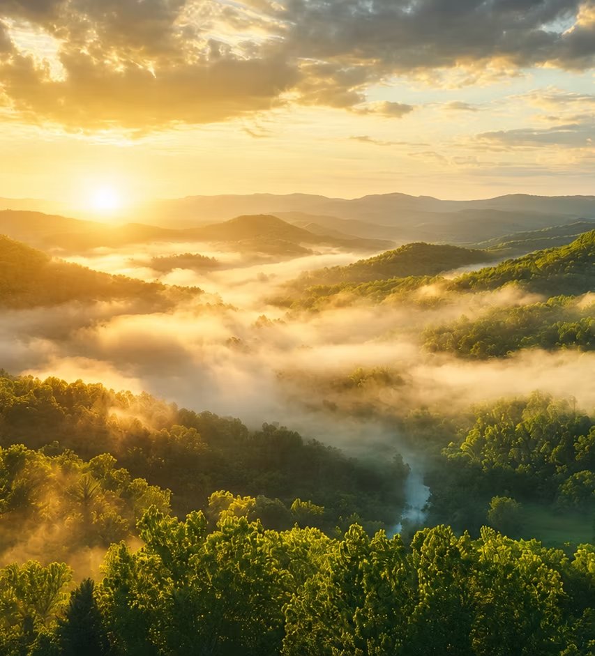 Ozark Adventure Club — aerial view of Ozark ridgelines, morning fog, and creek valley at golden sunrise